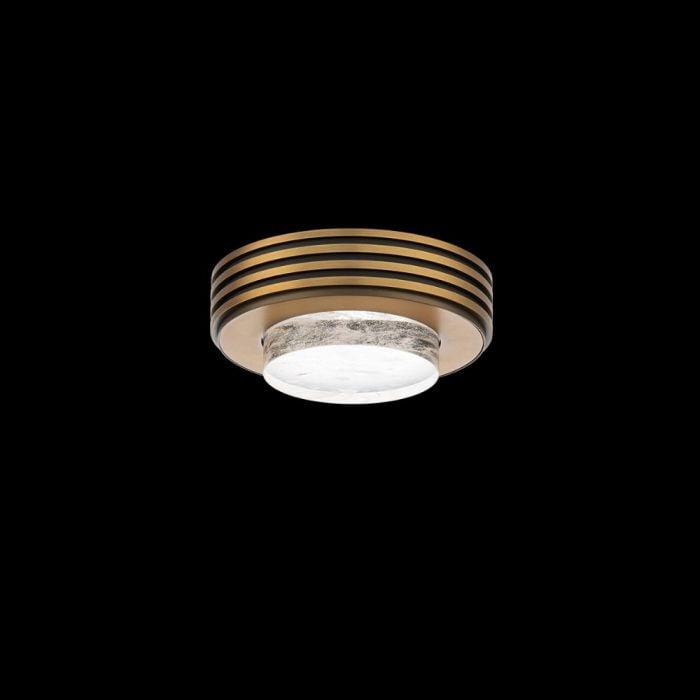 Schonbek Beyond BFM82408 Zircle 8In LED Flush Mount: A band encircles a beautifully cloudy Optic Haze Quartz lampshade, while a Radiance Crystal Dust diffuser softly disperses light from concealed LEDs. The natural variations in the shade create