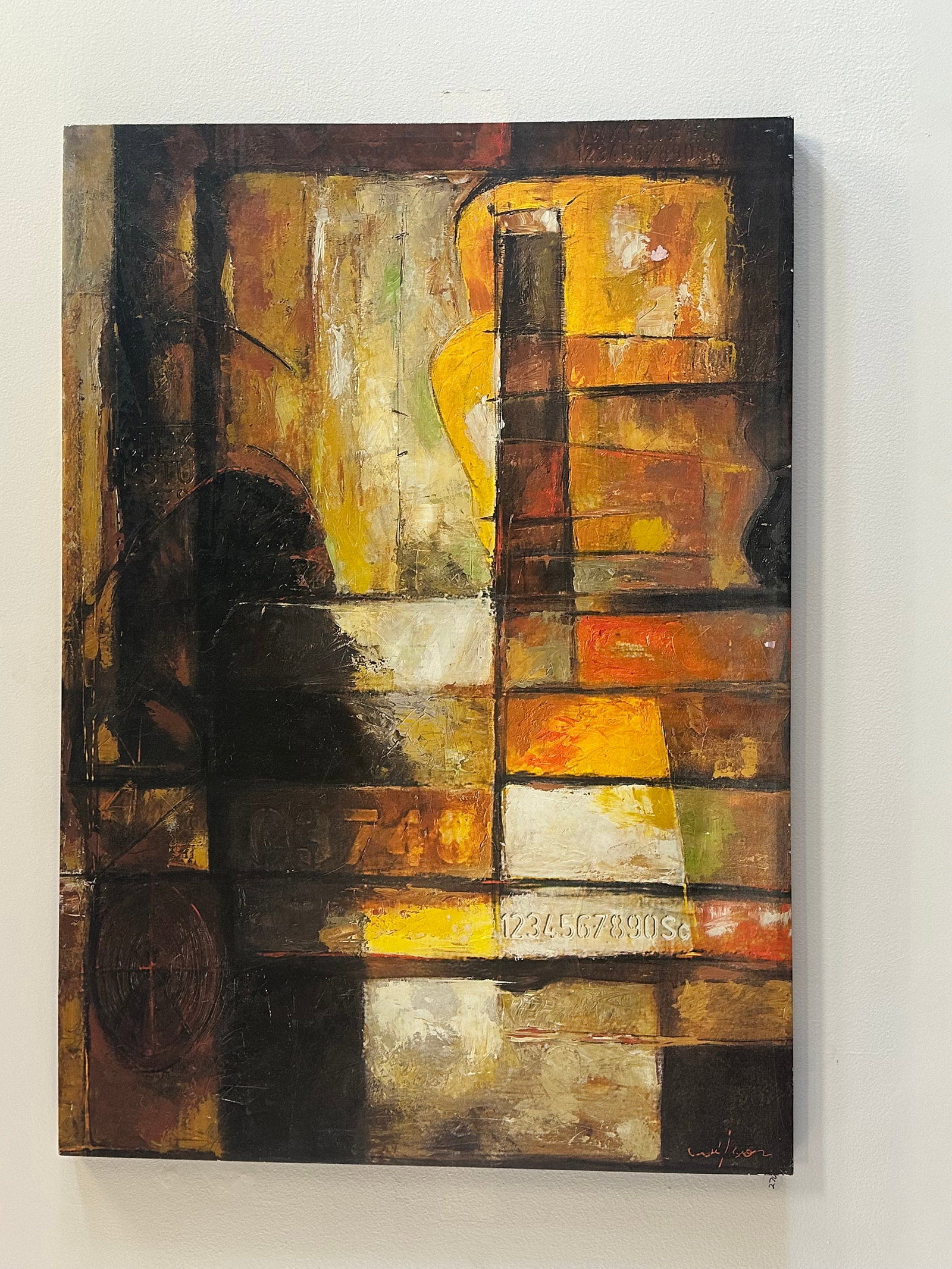 Abstract Pile of Books Painting: An Original Abstract Painting in Warm Tones. Artist Unkown.37''W x 54"H