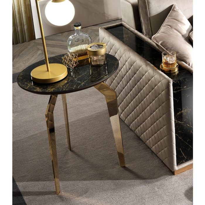MobilPiu Incanto Side Table: The Incanto Lamp Table exudes contemporary luxury with its sculptural gold bath metal legs and elegant marbled-effect glass top. Blending refined materials with sophisticated design, this statement pi