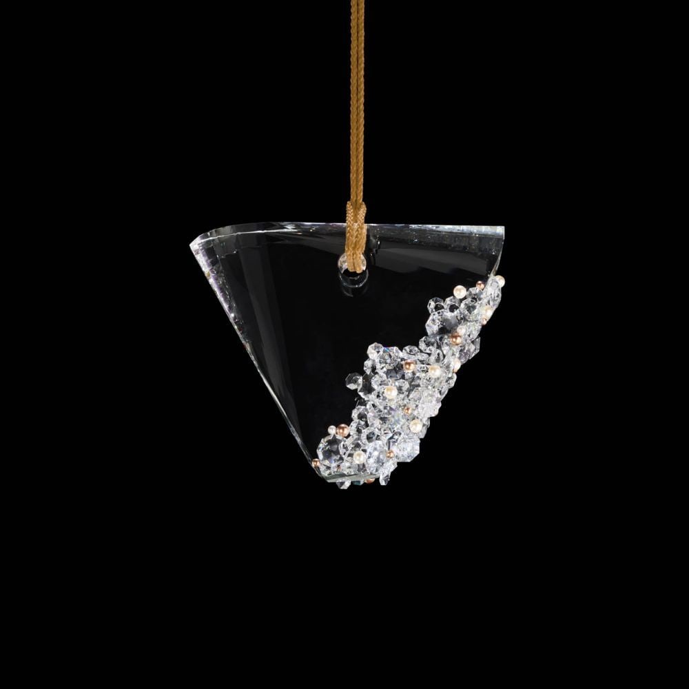 FOREVER SCHONBEK ADDESION 12'' MINI PENDANT: LEDs hidden within this lovely light emit a stunning beauty that was unlocked by a triangular crystal with extraordinary brilliance and fire. Numerous sparkling Swarovski pearls and beautiful