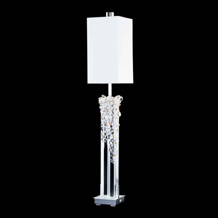 Schonbek Forever Zoe Table Lamp: The Zoe Table Lamp has a powerful presence. A transparent tower that exudes design power is embellished with a sparkling pour of Radiance Crystal and Swarovski Pearls.9''W x 9''D x 21''H