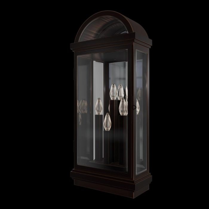 Schonbek Signature Villenova 4 Light Outdoor Wall Lighting: The Villenova Large Outdoor Wall Lantern showcases timeless elegance with its gracefully arched top and beveled frame, finished in a sleek black with gently burnished edges. Clear beveled glass