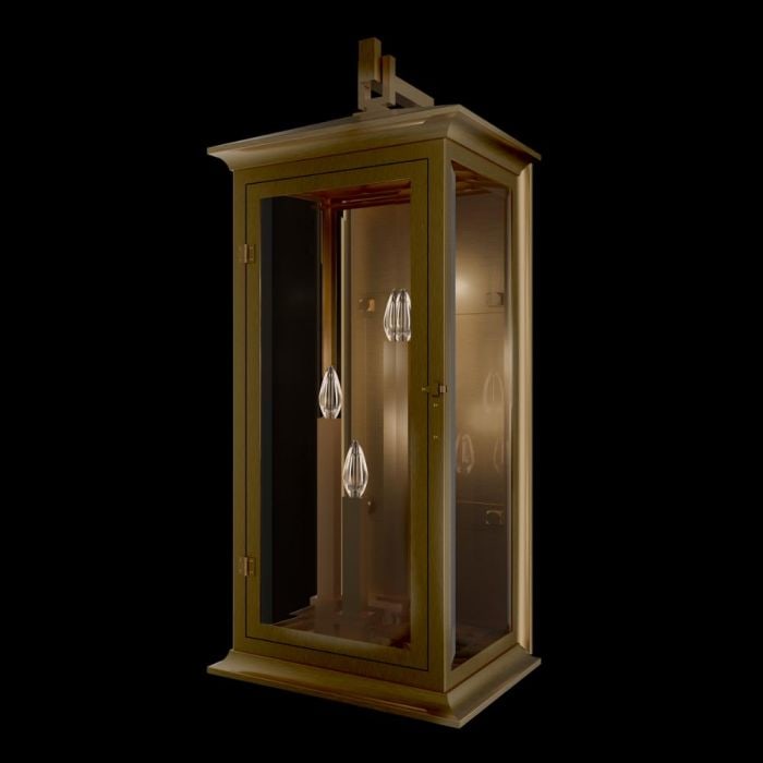 Schonbek Signature Dresden 4 Light Outdoor Wall Sconce: The Dresden large outdoor wall lantern strikes an ideal balance between style and resilience. Crafted from solid brass, its boxy form is accented by a sleek, stepped roofline and a modern handle