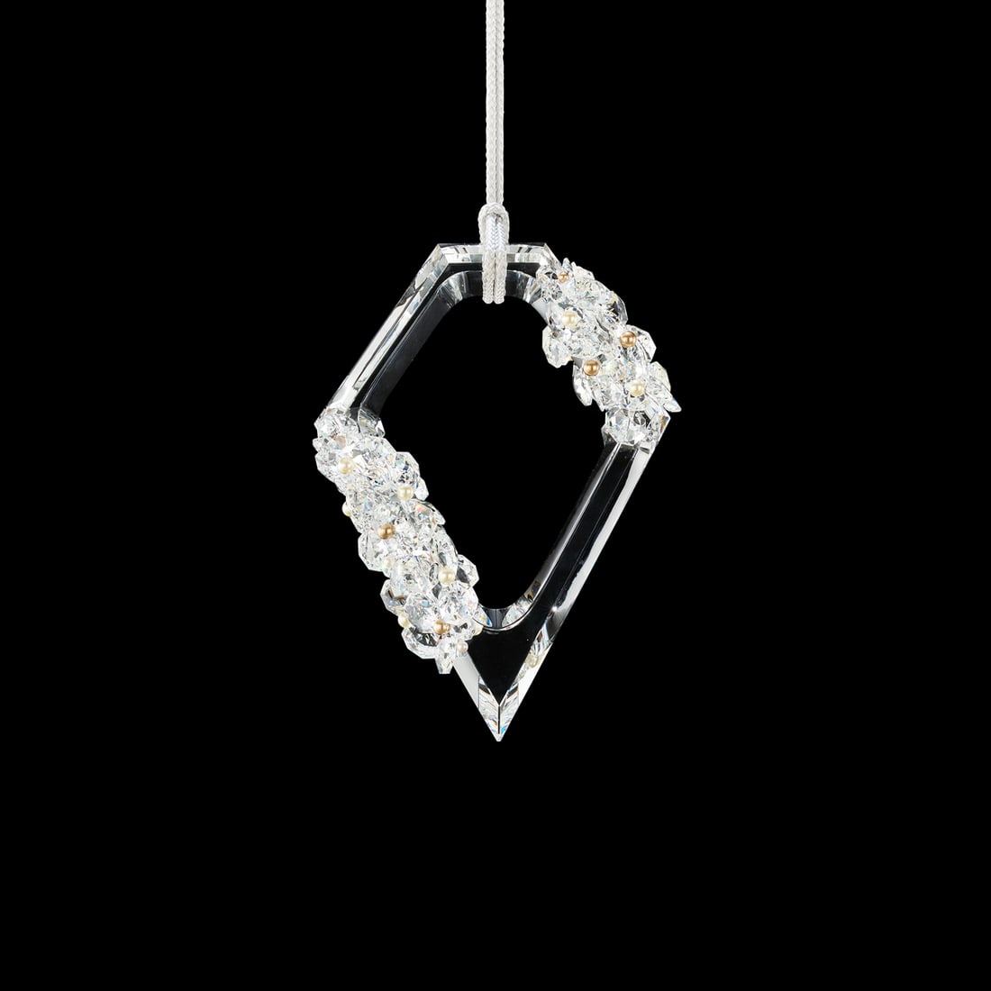 Schonbek Forever Embellish Pendant with Black Rope: Embellish is intricately detailed with RadianceÂ® Crystal and gleaming pearls on opposing sides of a tantalizing triangle, like two suitors competing for the object of their affection.5''W x 10''D