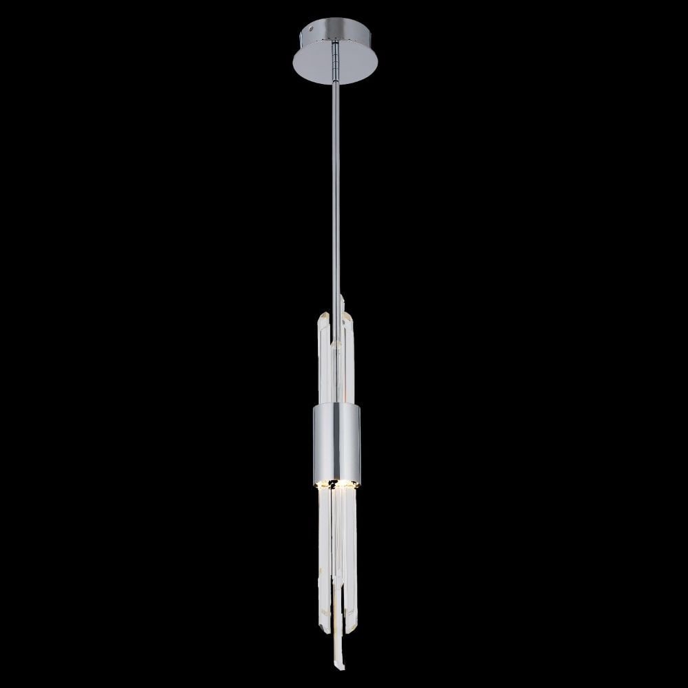 Allegri Lucca LED Mini Pendant: Allegri Lucca LED Mini Pendant features four long, slender crystal rods that hang from the stainless-steel frame. The polished chrome surface, along with the Firenze clear crystal rods, creates a