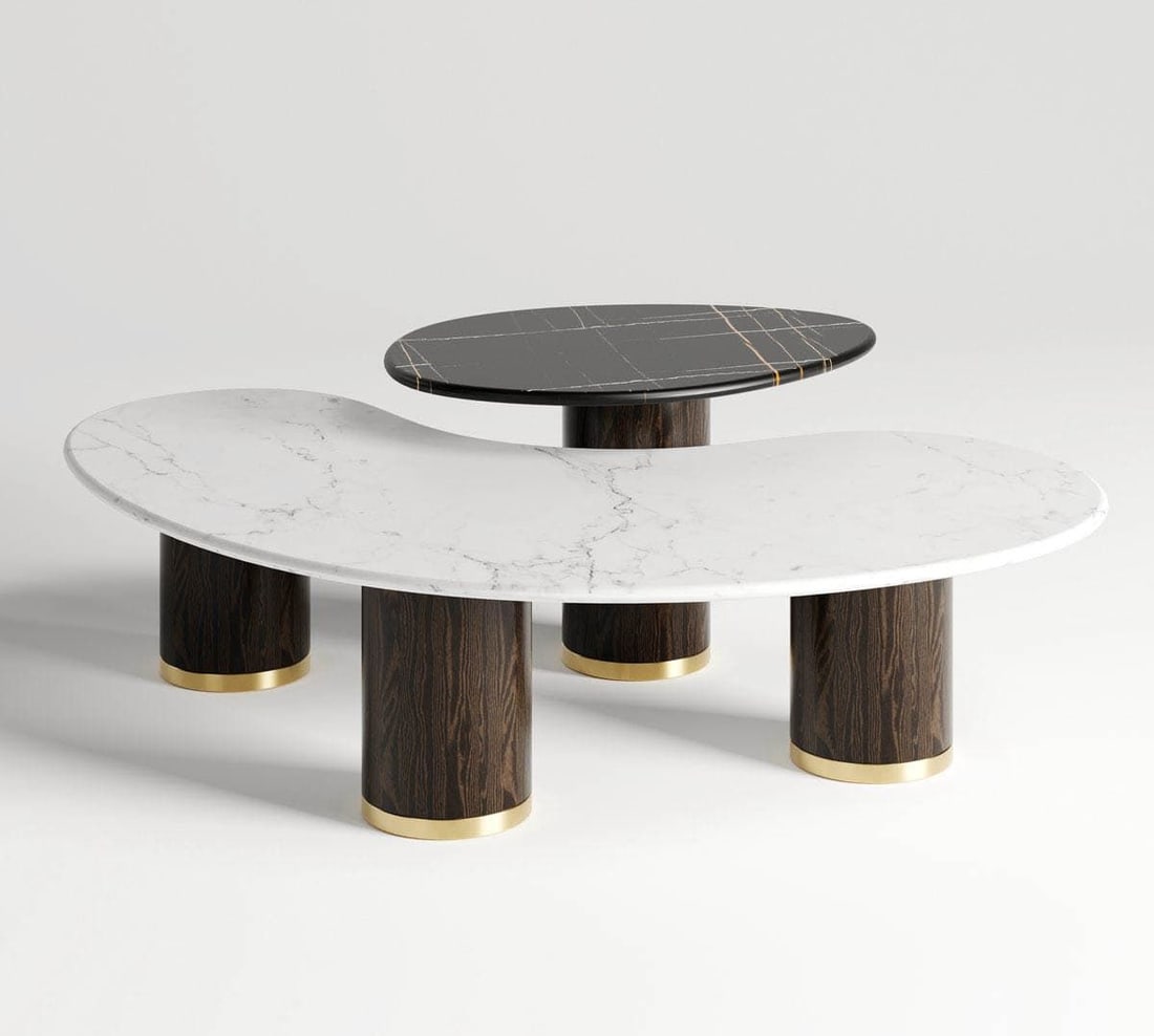 Formitalia Luna Coffee Table Set: This elegant coffee and side table set showcases a sophisticated blend of luxurious materials and contemporary refinement. Featuring an ash structure stained in a rich mink finish, complemented by a l