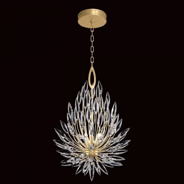 Fine Art Lily Buds 19"W Round Pendant: Chandelier in gold leaf finish with graceful bouquets of faceted crystal lily buds that create a naturally elegant lighting effect.19"DIAM x 33"H
