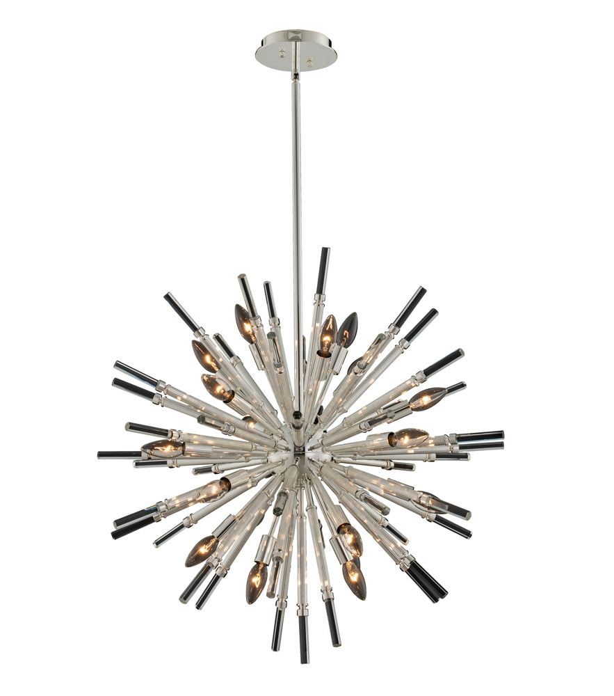 Allegri Sprazzo 19 Light Pendant: The Allegri Sprazzo 19 Light 28" Pendant resembles a sputnik globe, with a cluster of lights and cylinder crystal tubes projecting from the center. The polished silver framework is composed of stainle