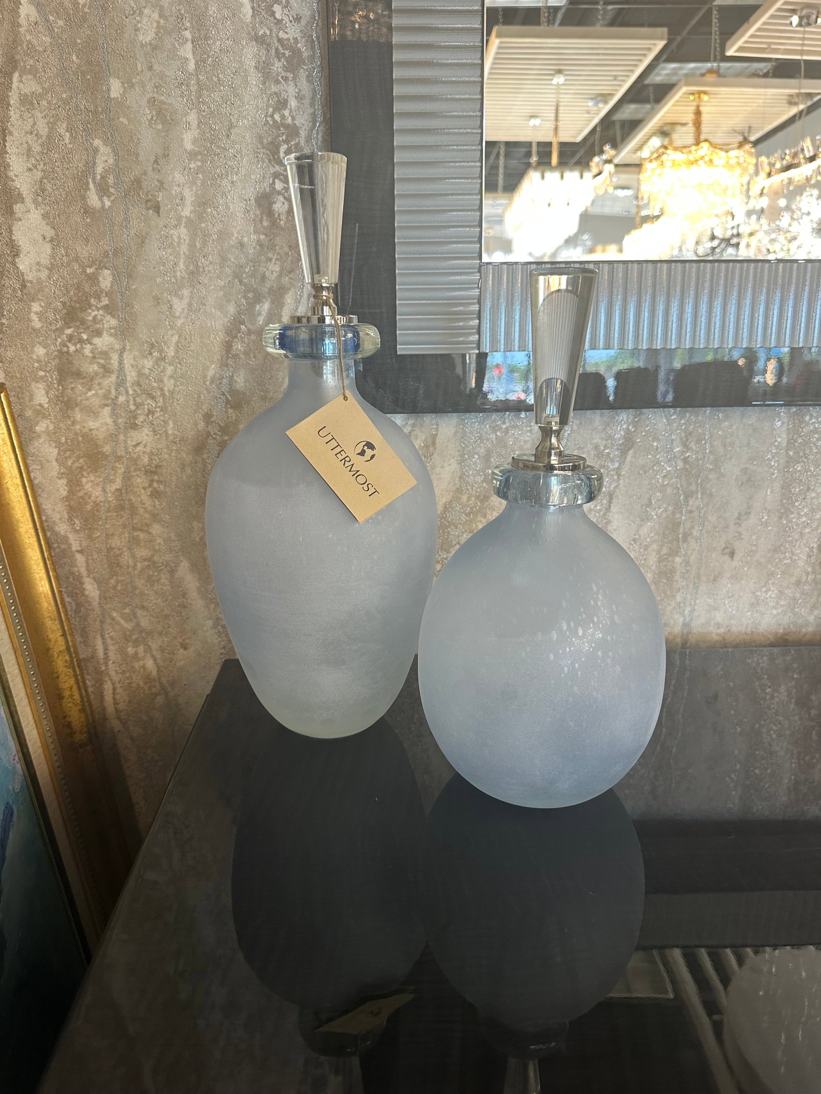 Uttermost DÃ©cor Vases: A set of Blue Vases with a Chrome Finished Cap.