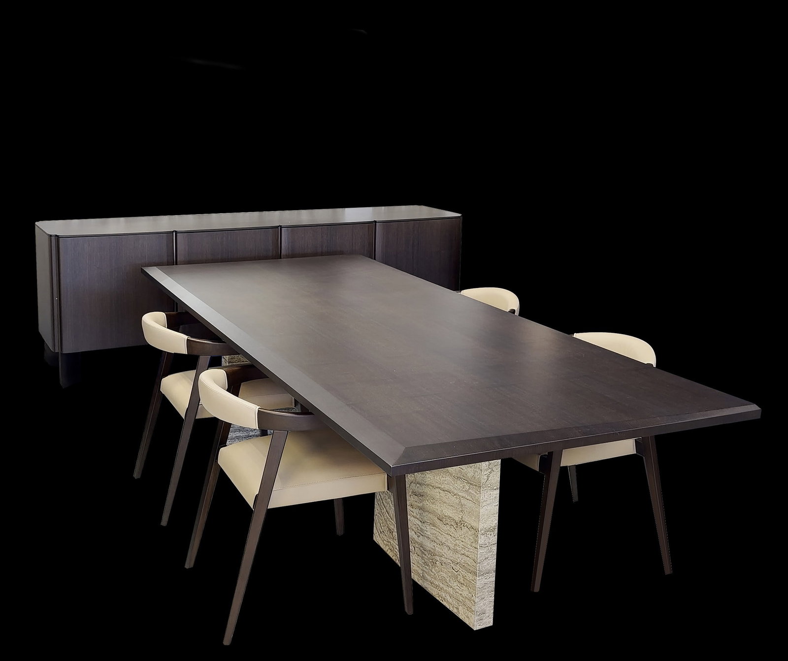 IVG TARA DINING TABLE: The IVG Tara Dining Table Set captures refined contemporary elegance through its rich dark wood finishes, sculptural forms, and luxurious material composition. The Tara Dining Table features a
