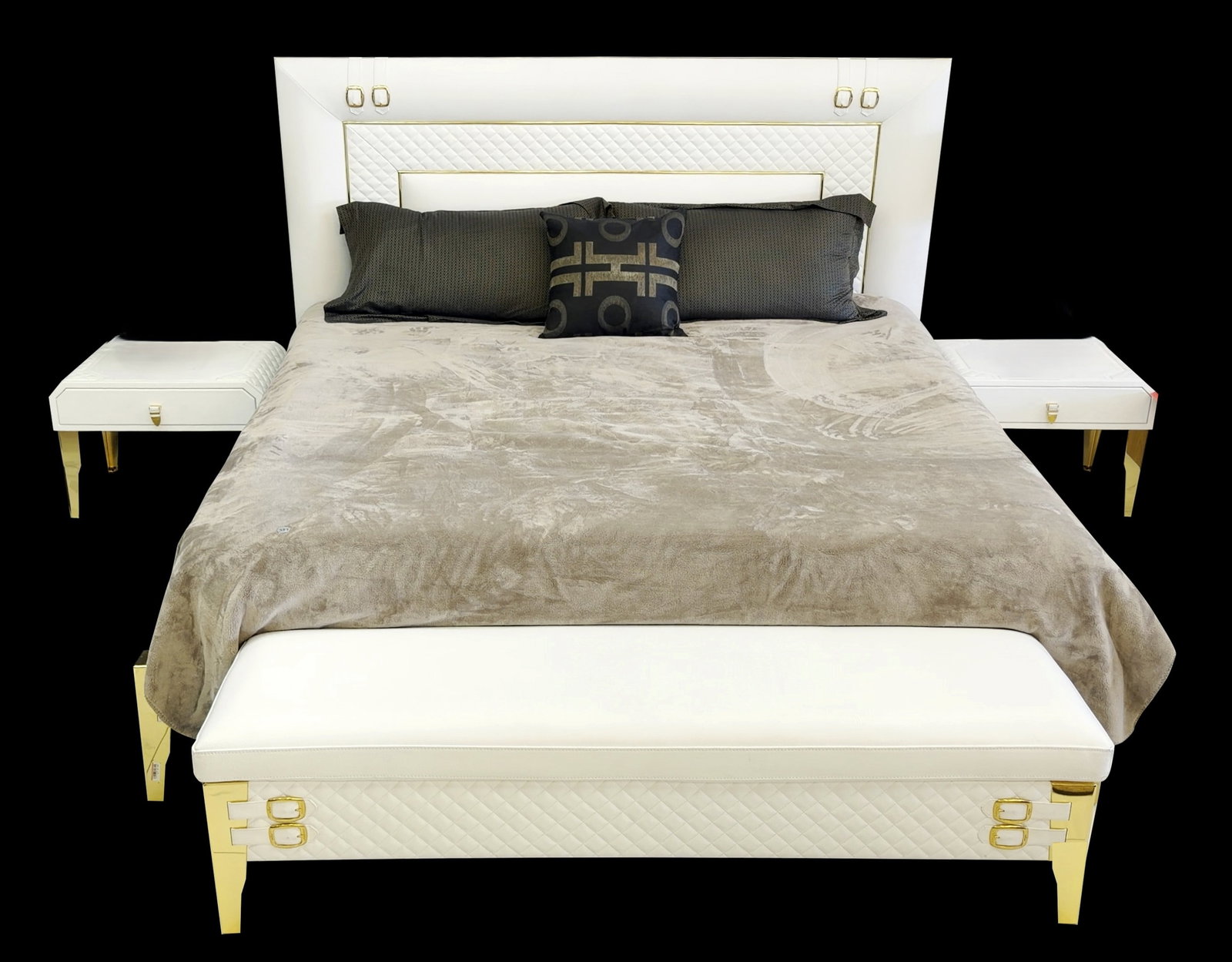 Formenti Avalon 4 Piece Bedroom Set: The Avalon Bedroom Set features Handmade And Hand Upholstered Italian Bed Featuring Top Grain Leather Featuring Gold Plated Decorations And Buckles, Lacquered Italian Bedside Tables With Details In