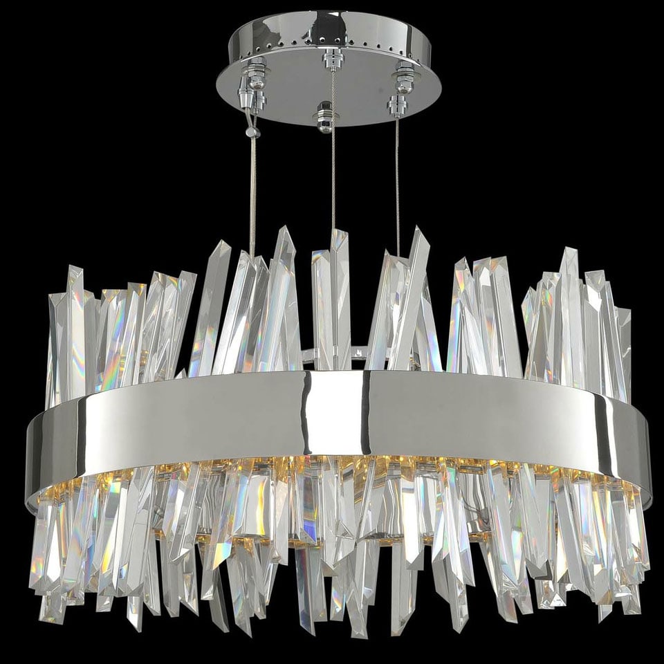 Allegri Glacier LED 20'' Pendant: Allegri Glacier 20" Round LED Pendant Light has ice-shaped Firenze crystal spears, making it a beautiful and eye-catching series. The Chrome finish on the spherical steel frame complements the