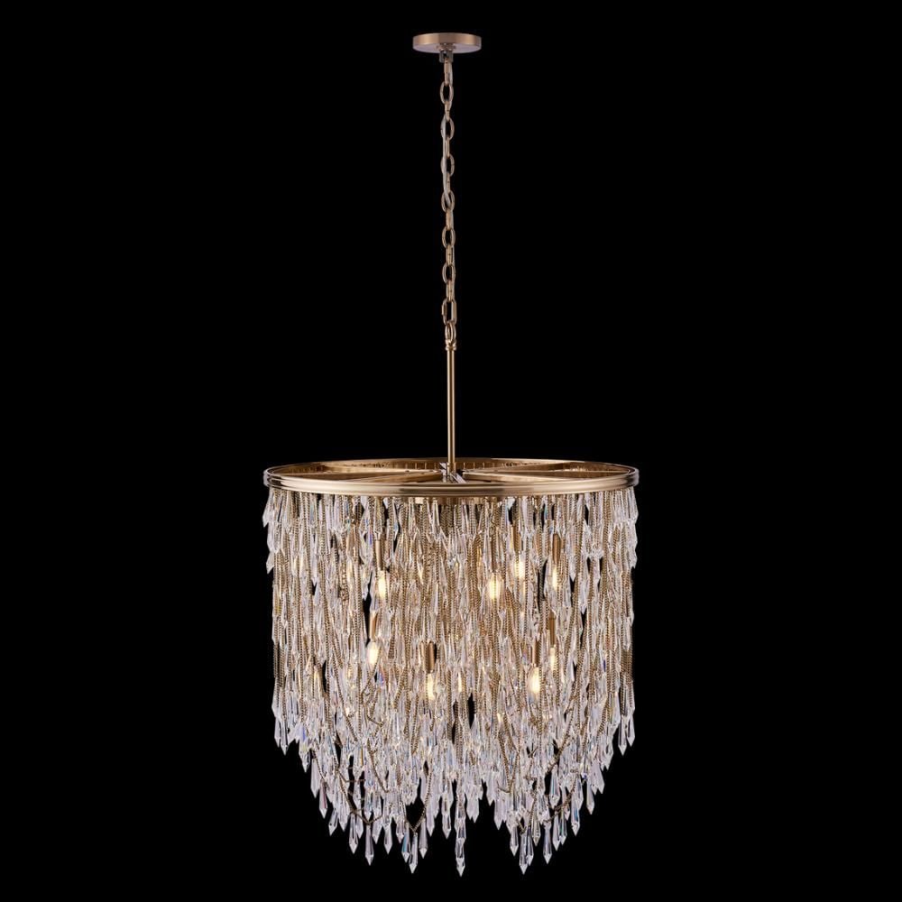 Allegri Frangia 29'' Pendant: Organized randomness of fringe draping and gravity creates the shape of the Frangia collection of lighting. Champagne Gold chains act as the support for the crystal spears for a boho glam