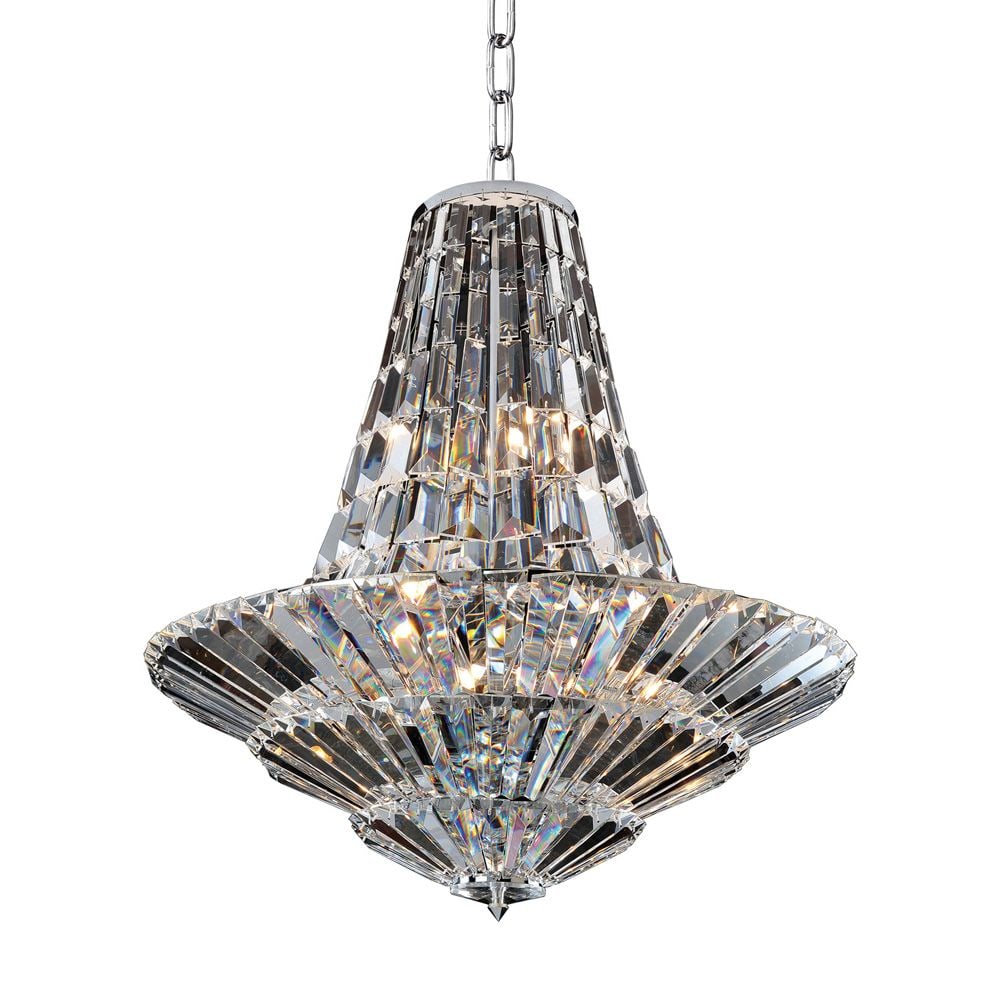 ALLEGRI AULETTA 12 LIGHT CHANDELIER: The Auletta 12 Light 24" Chandelier features geometric shapes with layeres of Firenze clear crystals inspired by the foyers fixtures of Art Deco Theaters. The prism shaped crystals shine with a high