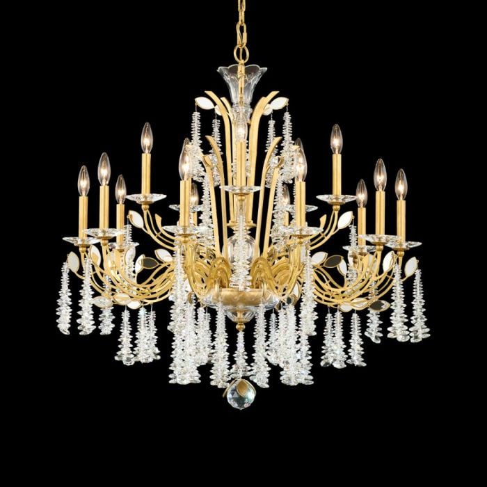 Schonbek Signature MacLyn 15 Light Chandelier: The Maclyn 15-Light Chandelier seamlessly blends classic Bohemian elegance with modern organic design. Cascading strands of layered octagon Radiance Crystal fall like raindrops from gracefully curved