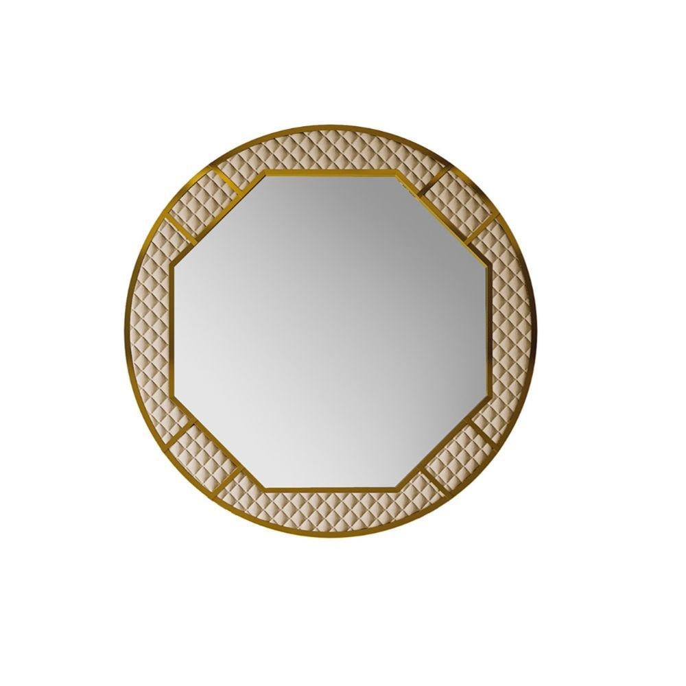Formenti Soleil Circle Mrrior: Fine Contemporary Italian Round Mirror With Leather and Metal Details in a Gold Finish made by Formenti..56''W x 56''H