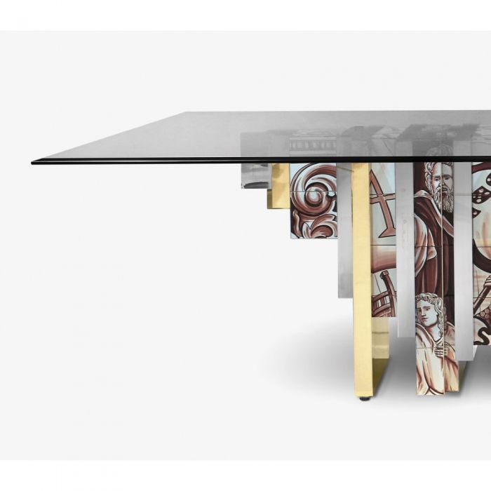 Boca Do Lobo Heritage Sepia Dining Table Glass top: The Heritage Dining Table Features An Opulent Design, Composed Of Glass, Hand Painted Tiles, Wood, Polished Brass, And Stainless Steel. A Portuguese Original.119"W x 56"D x 30"H