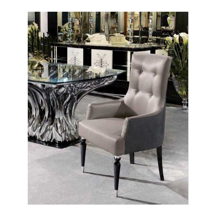 Belmondo By Ezio Bellotti Ficus Dining Chair: Contemporary Italian Upholstered Dining Chair With Fabric And Leather Combination,Chromed Feet With Black Lacquered Legs. This piece is being sold as is from our showroom on clearance, if you have