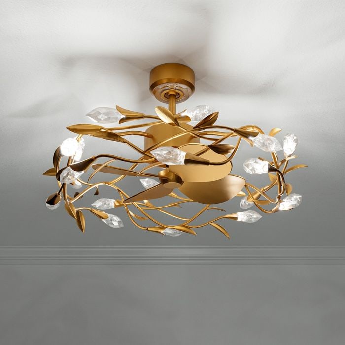 Schonbek Signature Secret Garden Smart Fandelier: Each dazzling Optic Haze crystal bloom appears to develop organically into an elegant bramble that twists around the concealed fan blades, drawing inspiration from the tranquility of naturalistic desi