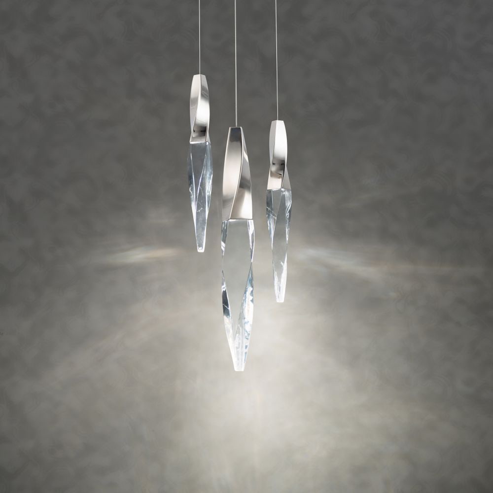 Beyond Schonbek Kindjal 3 Light Pendant in Polished Nickel: This Kindjal Pendant includes luxurious twisted icicle crystals portruding from cohesive and elegant metal fittings which conceals the LED, providing stylish illumination for adequate downlighting. Ma