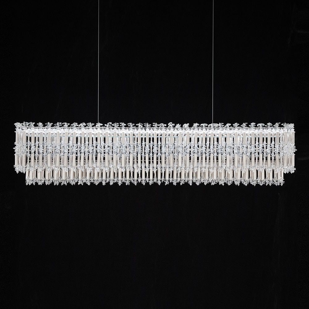 Schonbek Tahitian 48'' Pendant in Antique Silver and Clear Optic Crystal: Visit a paradise filled with breathtaking scenery. Tahitian is perfect for upmarket dining and entertaining settings. It was inspired by the Zen of lush bamboo forests. You have a choice of 3000K, 350