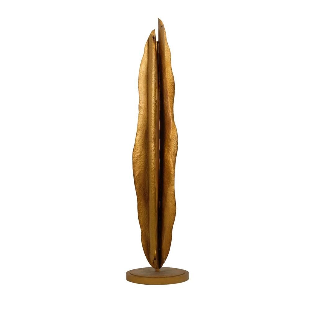 Kalco Folia LED Floor Lamp: Elevate your environment with a contemporary, sculptural interpretation inspired by banana leaves. The Folia Collection, made of hammered steel with a Warm Gold finish, has natural edges and strategic