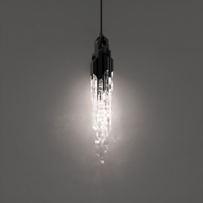 Schonbek Beyond Organza 19In LED Pendant: This luminaire embodies the Art Deco influence with its layered rods adorned with metallic geometric accents. The Optic Haze Quartz elements, illuminated by LEDs, offer a warm glow that radiates in