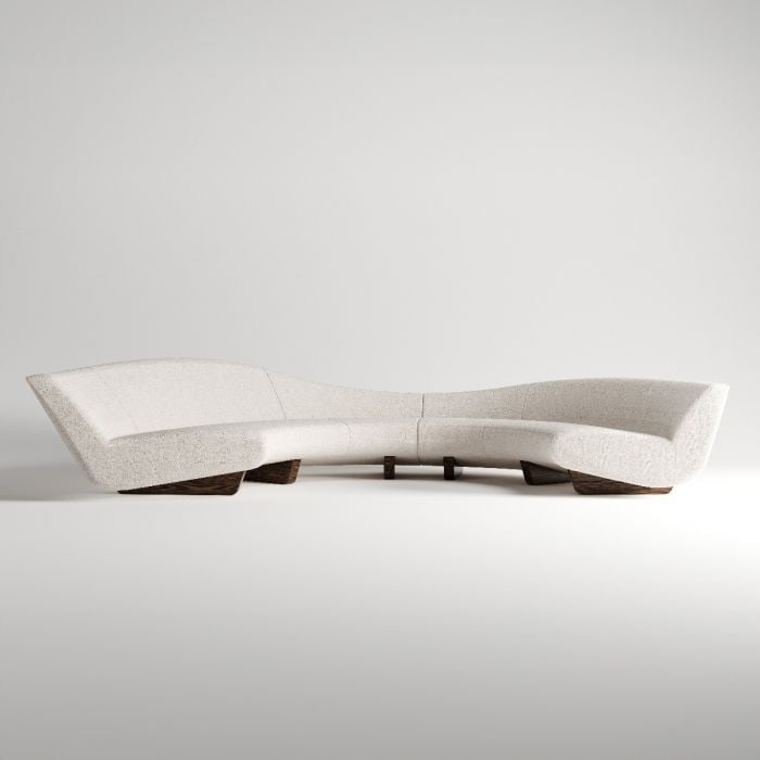 Formitalia Glamour Venere Luxury Sectional Sofa: The Formitalia Glamour Venere Luxury Sofa features a sleek, modern design with clean lines and refined details. It is upholstered in Boucle fabric, and the feet are in an Ashwood stained mink matte