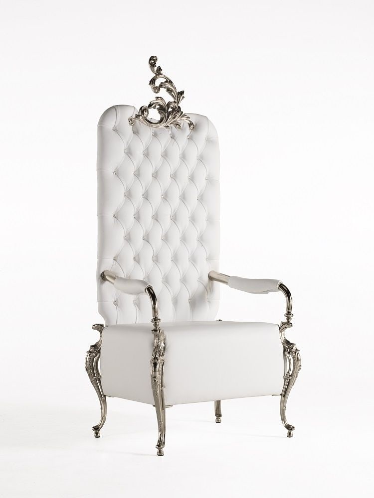 Valente Nettuno Armchair: Royal And Chic Italian Occasional Chair With Frame Composed Of Nickel Plated Fused Bronze With White Top Grain Leather Hand Tufted With Swarovski Crystals30"W x 24"D x 71"H