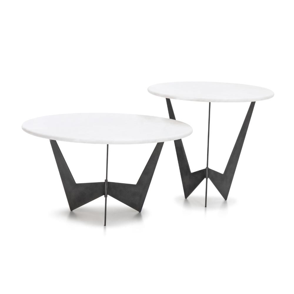 Wayne Enterprises Side Table Set: Introducing the Wayne Enterprises' Side Tables, a sophisticated addition to any living space. The table top is made from Calacatta marble and has a metal base with a steel Delabre finish.50"W x 50"D x