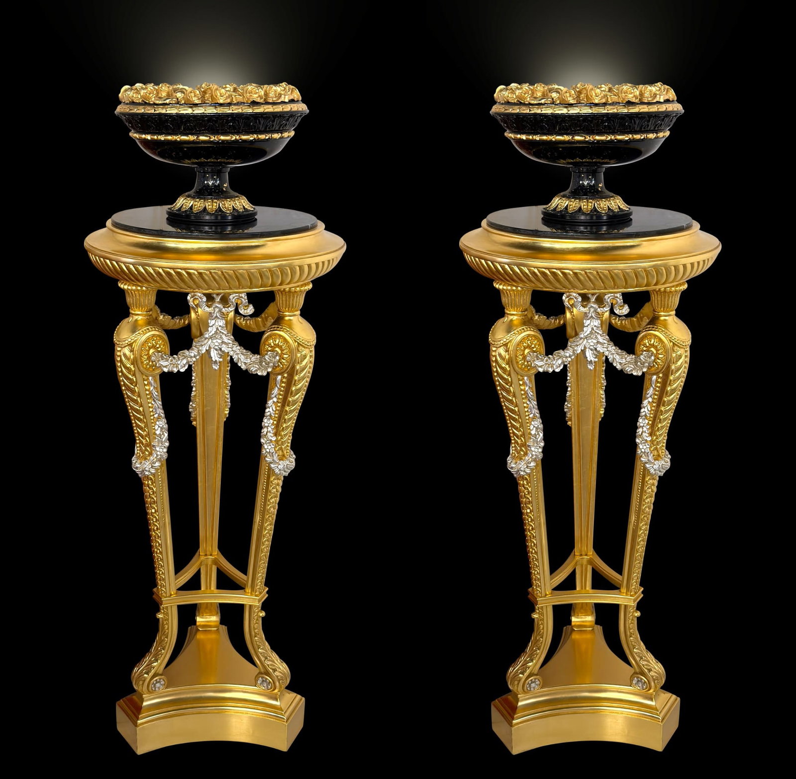 Vimercati Vase with Lamp set of 2: A magnificent expression of classical opulence, this illuminated decorative vase merges sculptural artistry with ambient lighting to create a truly striking centerpiece. Resting atop an ornate