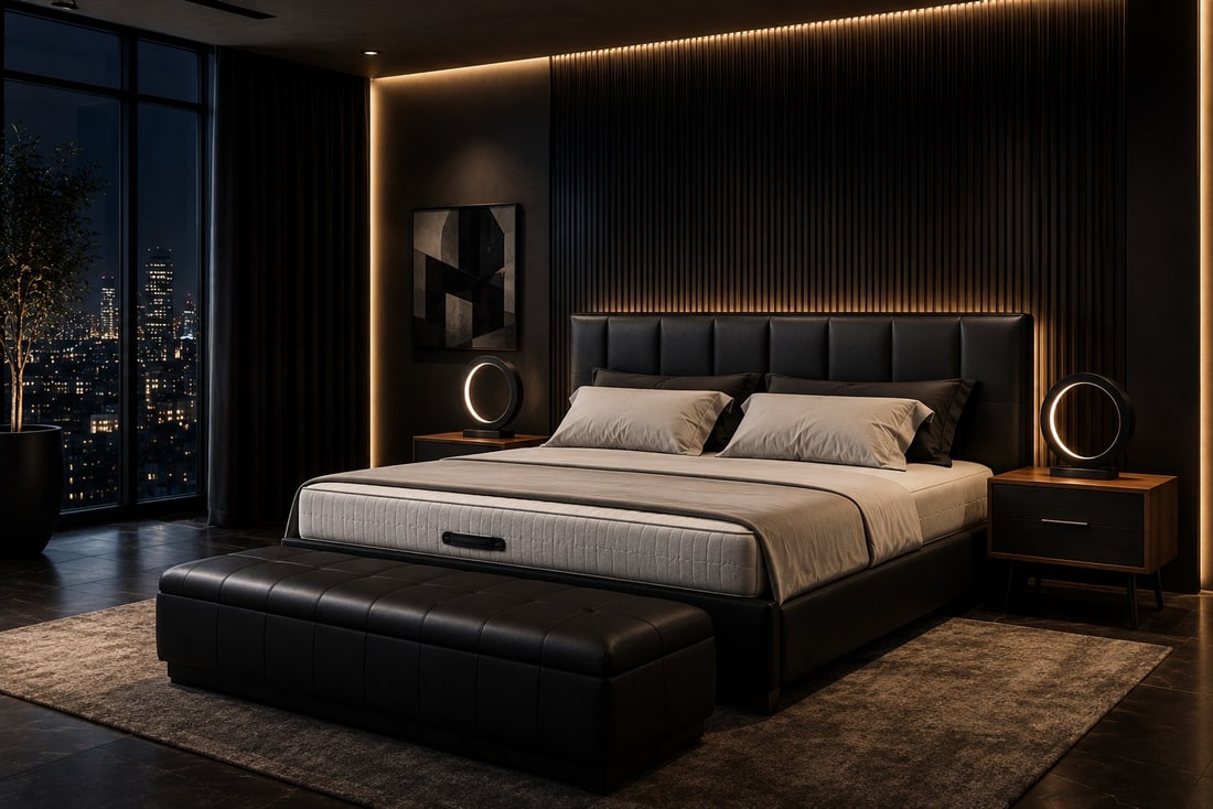 Wayne Enterprises Bench: Upgrade your bedroom with the Wayne Enterprise Bench, which is fully upholstered in leather and includes storage for items such as extra blankets and sheets.62"W x 16"D x 16"H