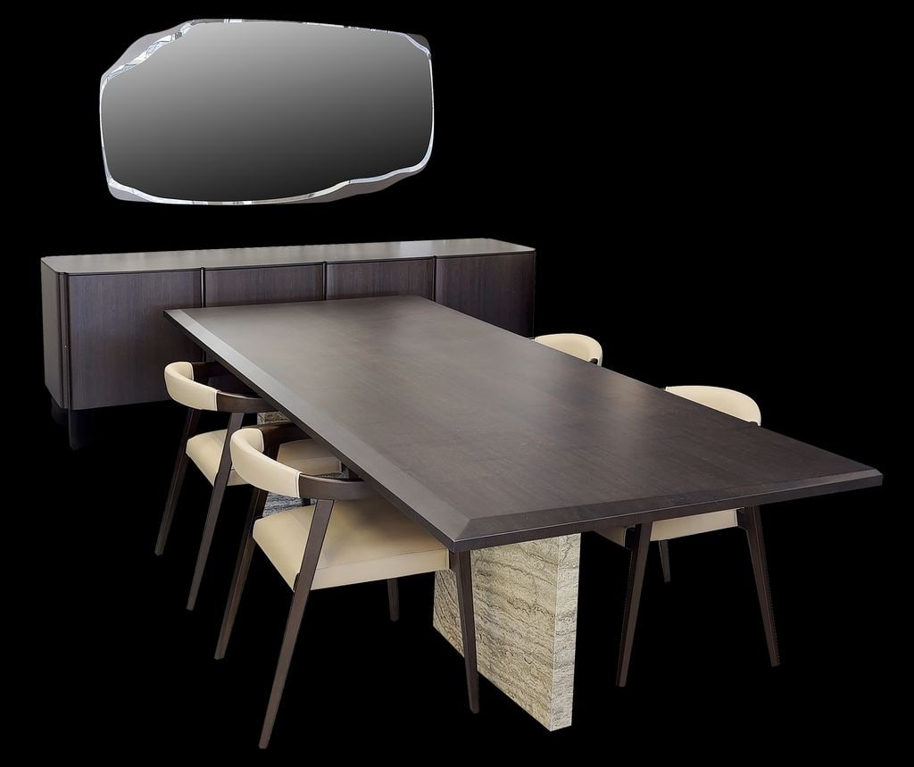 IVG Dune Mirror: The IVG Tara Dining Table Set captures refined contemporary elegance through its rich dark wood finishes, sculptural forms, and luxurious material composition. The Tara Dining Table features a beautif
