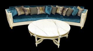 BUNDLE - Mariner Sofa / Coffee Table: The Wellington Royal Elite Curved Sofa Is Part Of An Exclusive Collection Found Only At Venicasa. This Luxurious Piece Features Over A Dozen Coats Of Grand Piano Lacquer On Eggshell And Hand Carved