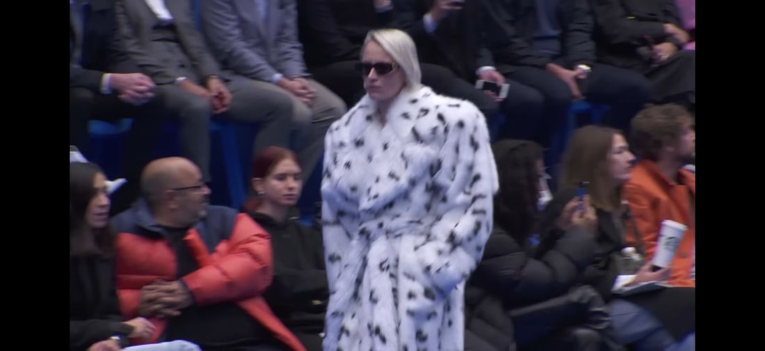 Balenciaga Oversized Faux Ermine Fur Coat, Size 40: This striking full-length coat from the Spring 2020 collection features a white faux fur exterior with a high-contrast black spotted motif. Designed with an oversized collar and a matching tie-waist b