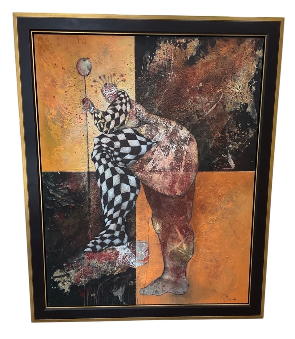 "Le Roi" by Franck Benoualid (French, 1964-) Mixed media on canvas.: This large-scale work titled "Le Roi" (The King) depicts a harlequin-like figure in checkered attire, rendered with heavy impasto and textural elements that create a nearly sculptural surfac