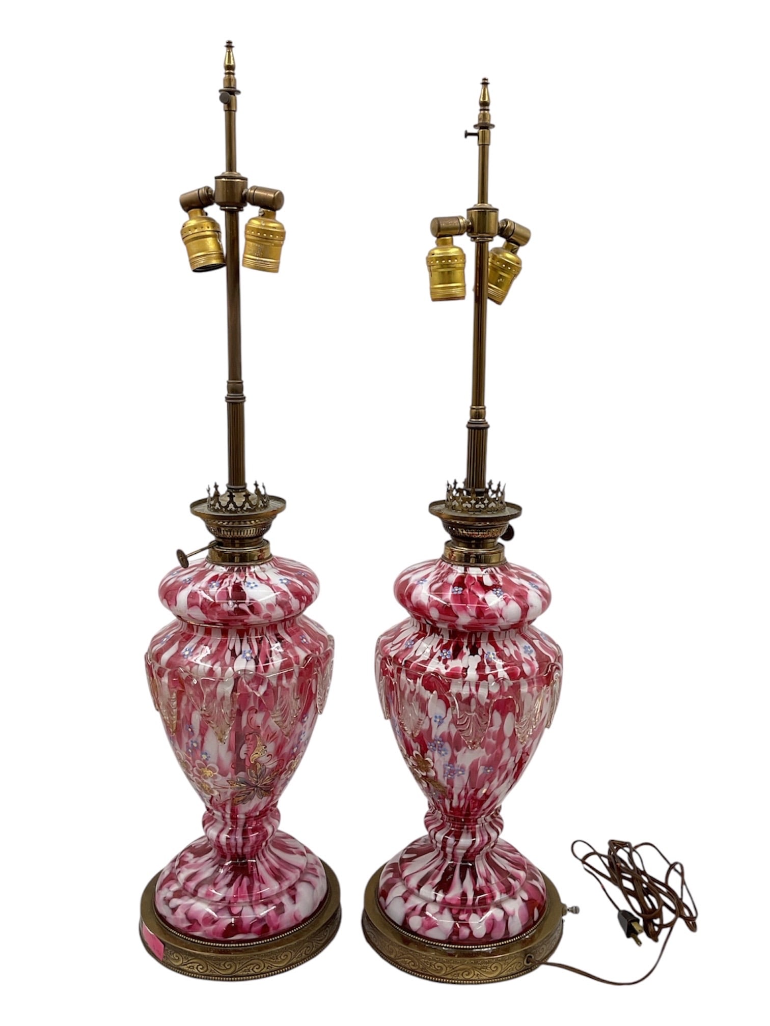 Pair of Murano Art Glass Cranberry & White Marbled Table Lamps (1 of 3)