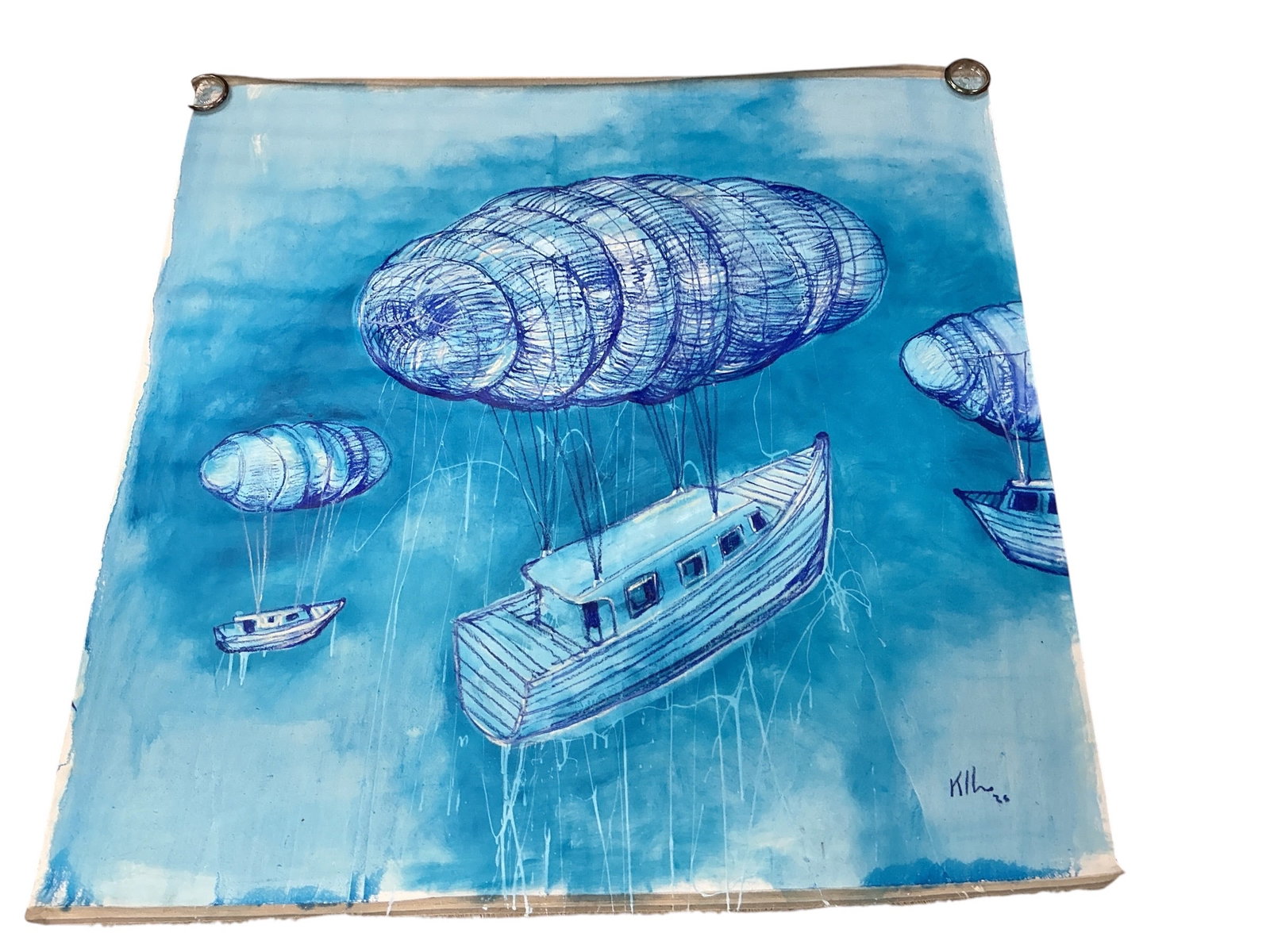 "S/T" (Sin Título) by Kcho (Cuba, B.1970) Mixed Media on Canvas: DescriptionThis large-scale mixed media work on canvas by the celebrated contemporary Cuban artist Kcho (Alexis Leyva Machado) features a surreal and poetic interpretation of his signature nauti