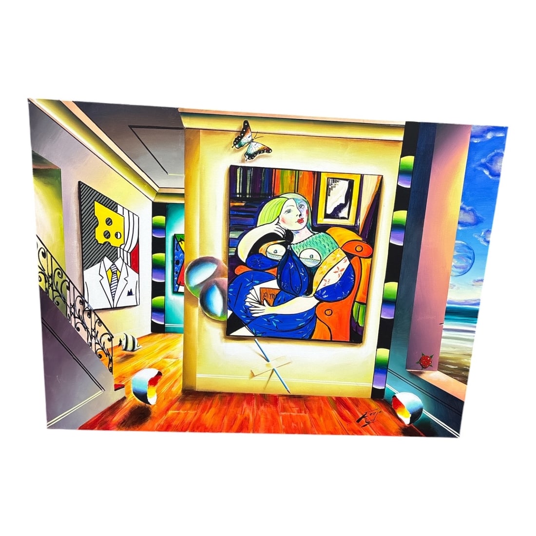 "Interior with Picasso Portrait and Surrealist Motifs" by Ferjo (Brazil, B.1946) Acrylic on Canvas: An extraordinary and highly dynamic original acrylic painting on canvas by contemporary surrealist master Ferjo. This complex, dreamlike composition showcases a meticulously rendered interior gallery 