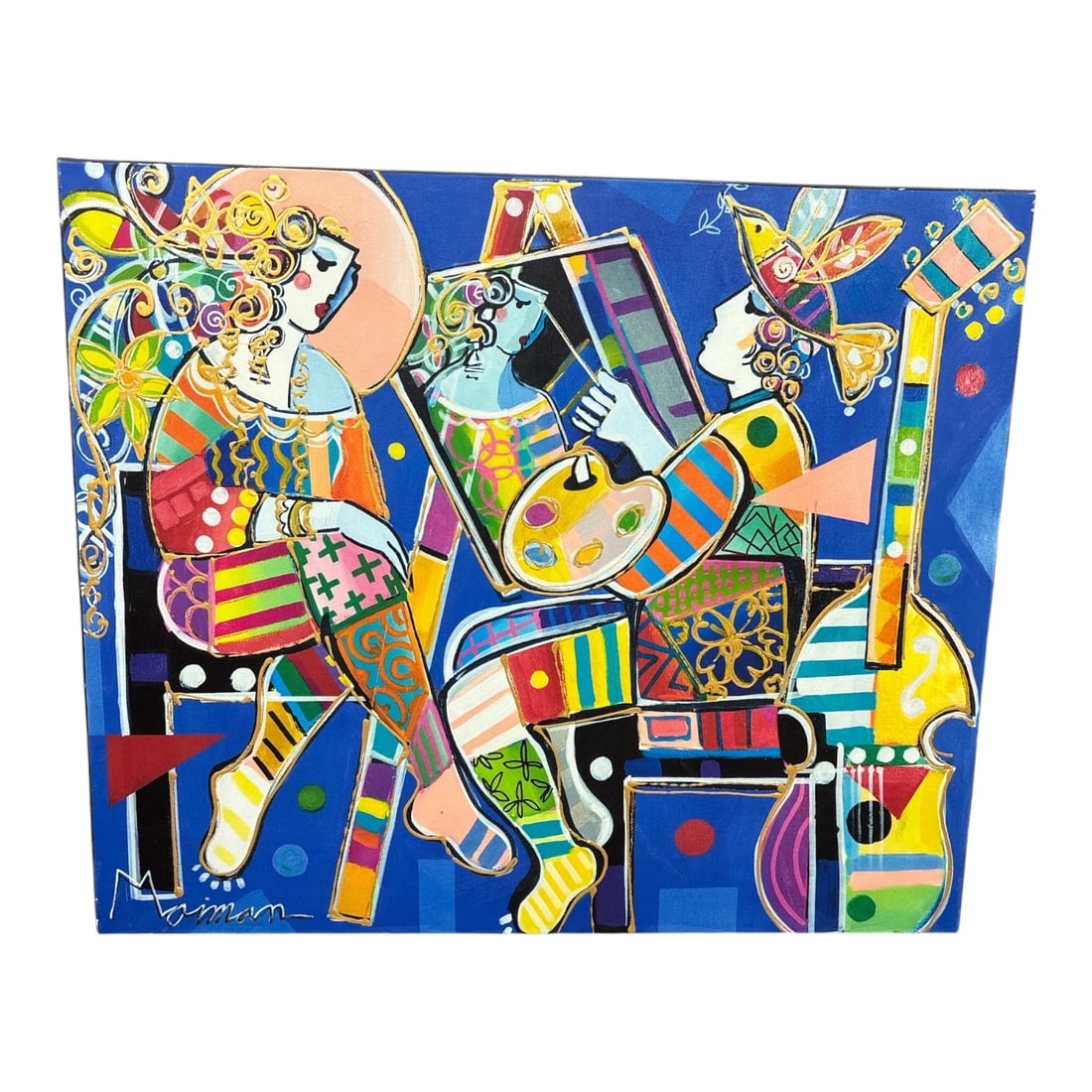 "The Artist and His Muse" by Isaac Maimon (Israel, B.1951) Hand-Embellished Giclée on Canvas: A vibrant and festive hand-embellished limited edition giclée on canvas by renowned Israeli artist Isaac Maimon. Celebrated for his iconic, colorful interpretations of Parisian café cult