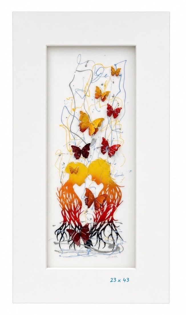 "Love Story" by Z.Z. Kaba (American, Contemporary) Original Mixed Media on Wood: A captivating and deeply romantic original mixed media sculpture on wood by contemporary pop artist Z.Z. Kaba, titled Love Story. The vertical composition features the s