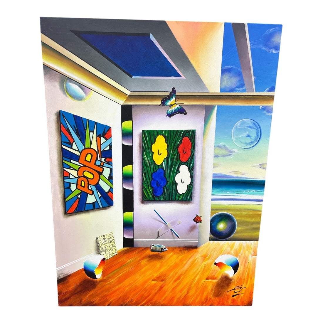 "Interior with Warhol Homage and Pop Art" by Ferjo (Brazil, B.1946) Acrylic on Canvas: An vibrant and captivating original acrylic painting on canvas by contemporary surrealist master Ferjo. This dynamically composed vertical piece showcases a dreamlike interior gallery room that plays 