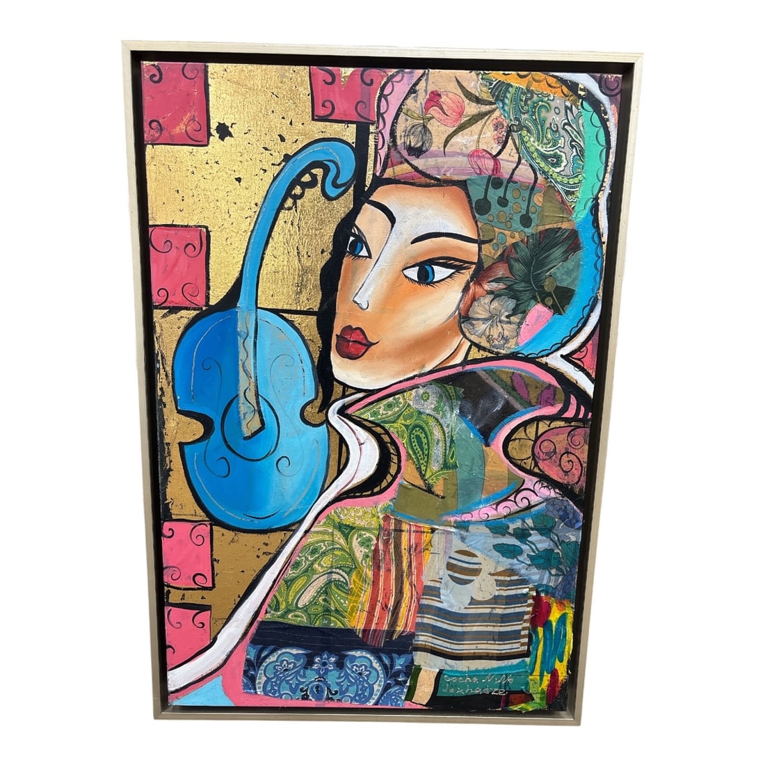 Gocha Nino Originl Mixed media on Canvas: An exquisite and intricately layered original contemporary mixed media painting on canvas by Georgian artist Gocha Nino. This enchanting vertical composition captures a stylized female musician in pro