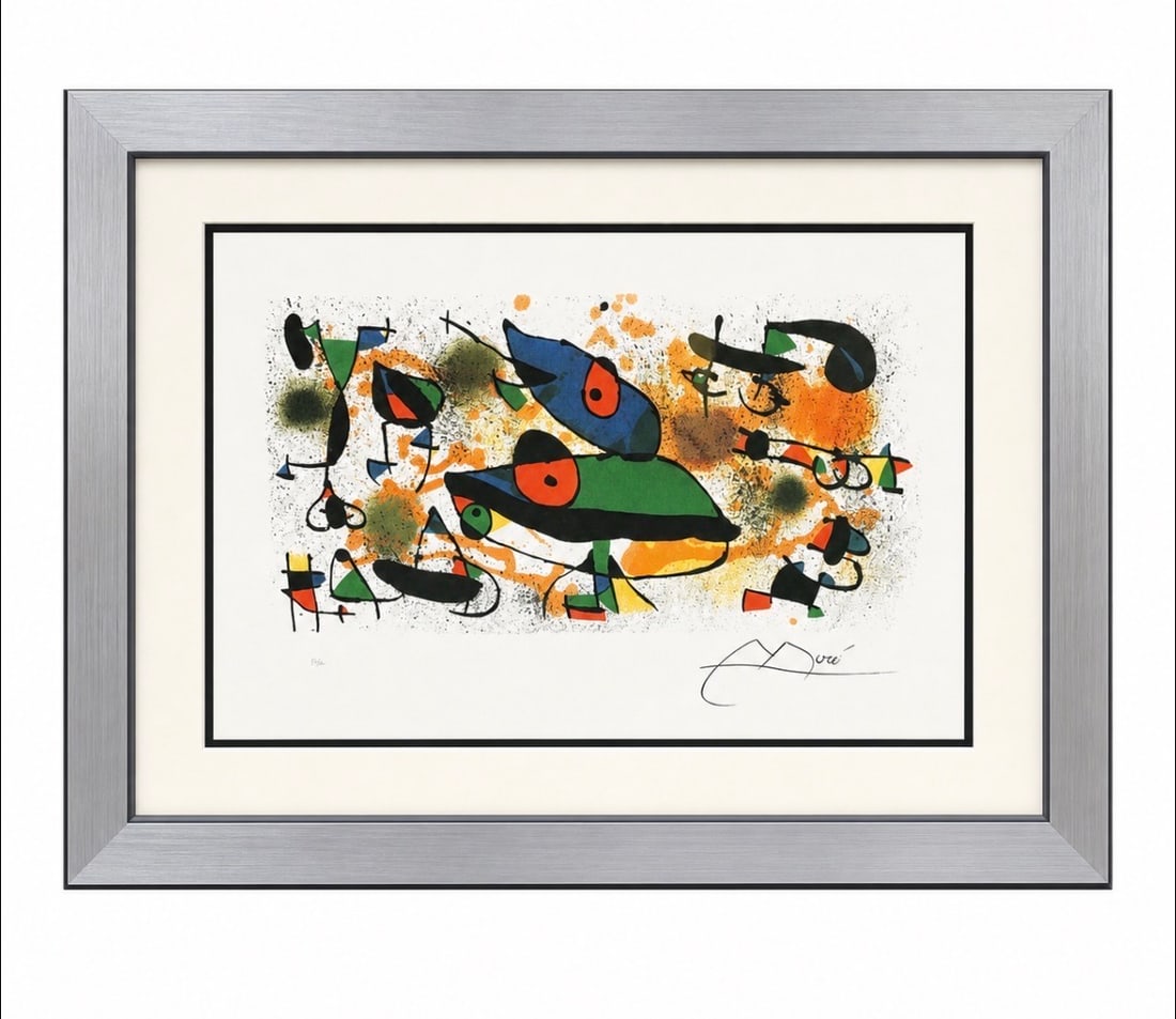 "Sculptures II" by Joan Miró (Spanish, 1893-1983) Color Lithograph: This exceptional color lithograph perfectly captures the playful surrealism and iconic visual vocabulary of the legendary master. Set against a dynamic background of textured orange washes, fine paint