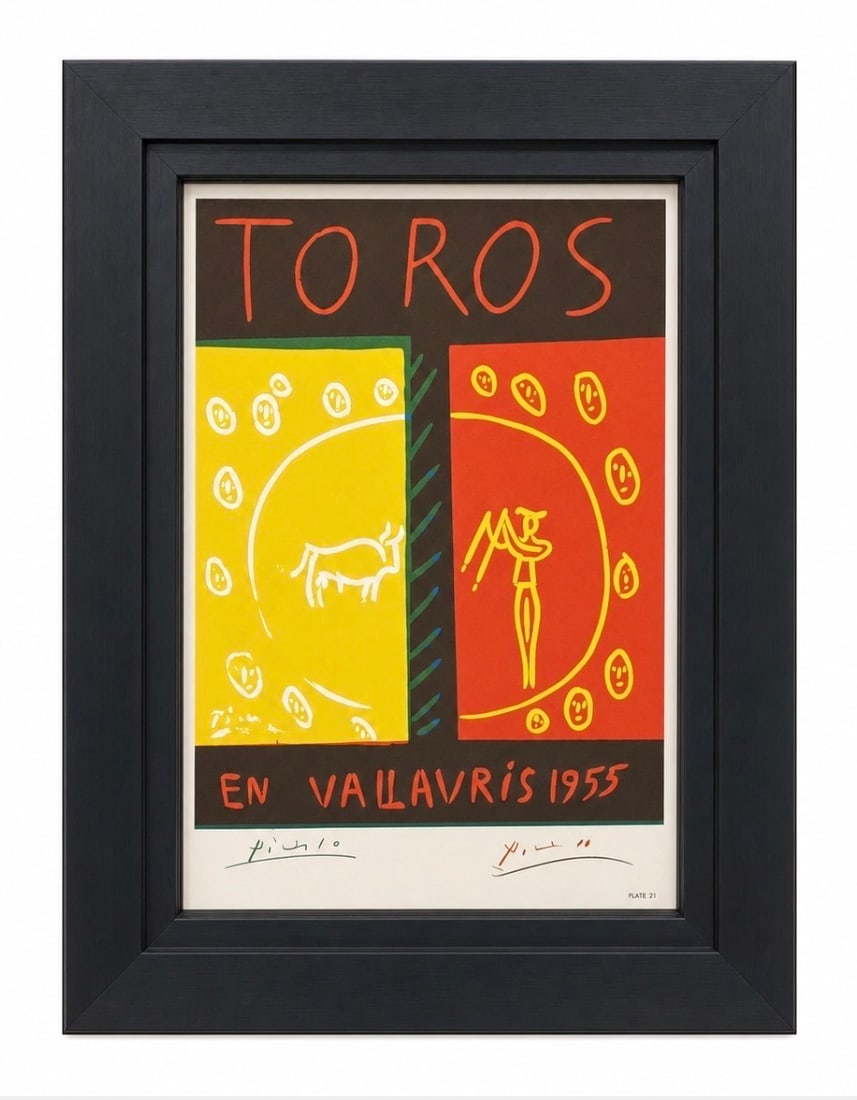"Toros en Vallauris 1955" by Pablo Picasso (Spanish, 1881-1973) Lithograph: This vibrant lithograph showcases the bold graphic power and celebratory spirit of a modern master. Created to commemorate the historic bullfights in Vallauris, France, the composition features a stri