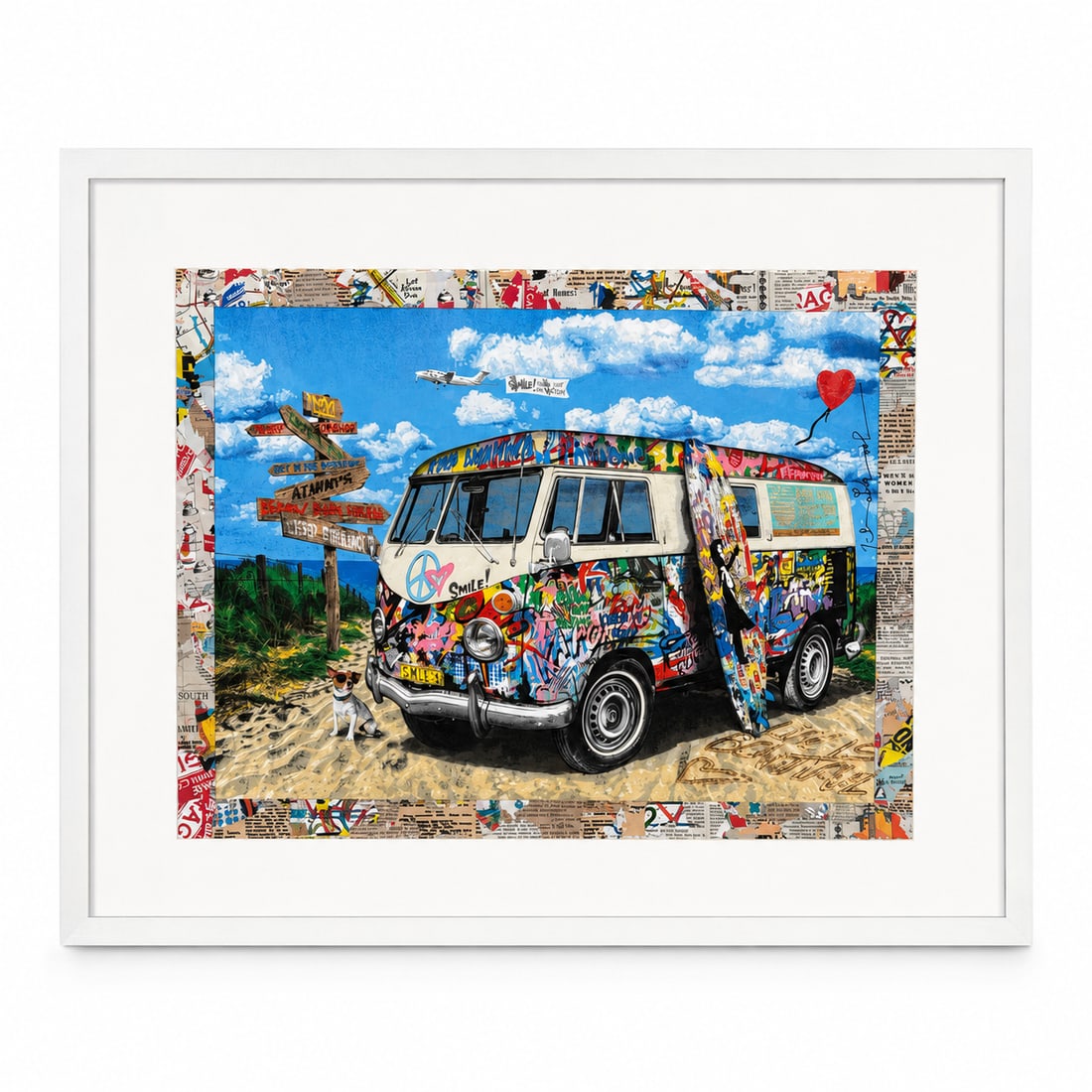 "Let the Good Times Roll" by Mr. Brainwash (French, B.1966) Mixed Media: This vibrant and energetic silkscreen print perfectly encapsulates the celebratory, street-art-infused pop aesthetic of the artist. The composition centers on an iconic Volkswagen camper van completel