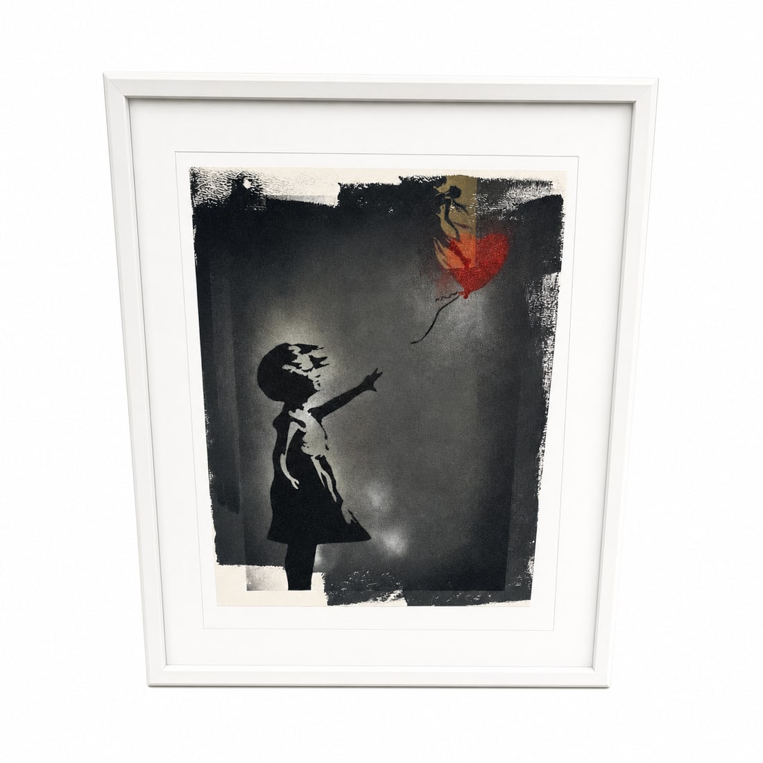 "Girl with Balloon" by Punk Me Tender (French, B.1982) Mixed Media: This striking and evocative contemporary work pays direct homage to one of urban art's most iconic motifs while infusing it with the artist's signature tactile energy. The composition features