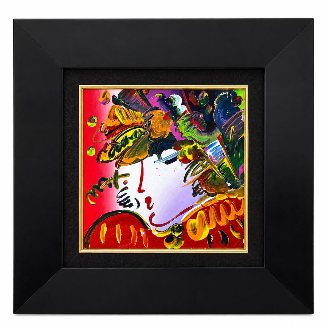 "Blushing Beauty" by Peter Max (American, B.1937) Mixed Media / Acrylic on Canvas: This sensational original work radiates with the electric energy, vibrant color palette, and iconic cosmic neo-expressionism of the legendary pop artist. The composition centers on one of the artist&#