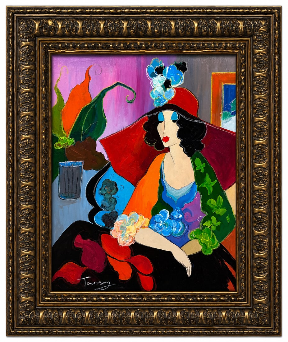 "Sitting Pretty" by Itzchak Tarkay (Israeli, 1935-2012) Acrylic on Canvas: This sensational original work radiates with the electric energy, vibrant color palette, and iconic figurative neo-impressionism of the legendary master. The composition centers on one of the artist&#
