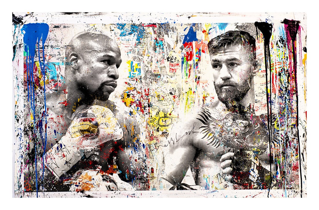 "Mayweather vs. McGregor" by Mr. Brainwash (French, B.1966) Mixed Media on Canvas: This extraordinary, unique 1-of-1 original masterpiece vibrates with the raw, explosive energy, multi-layered texture, and iconic street-art bravado of the internationally acclaimed Neo-Pop artist. Ca